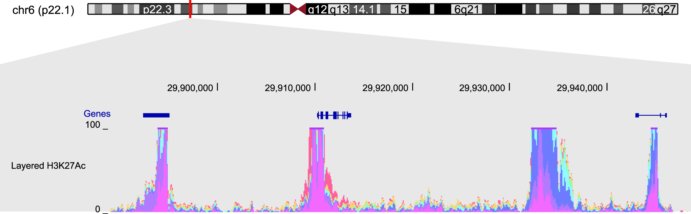 Genomic browser view showing gene locations and H3K27Ac epigenetic signals across a region of chromosome 6.