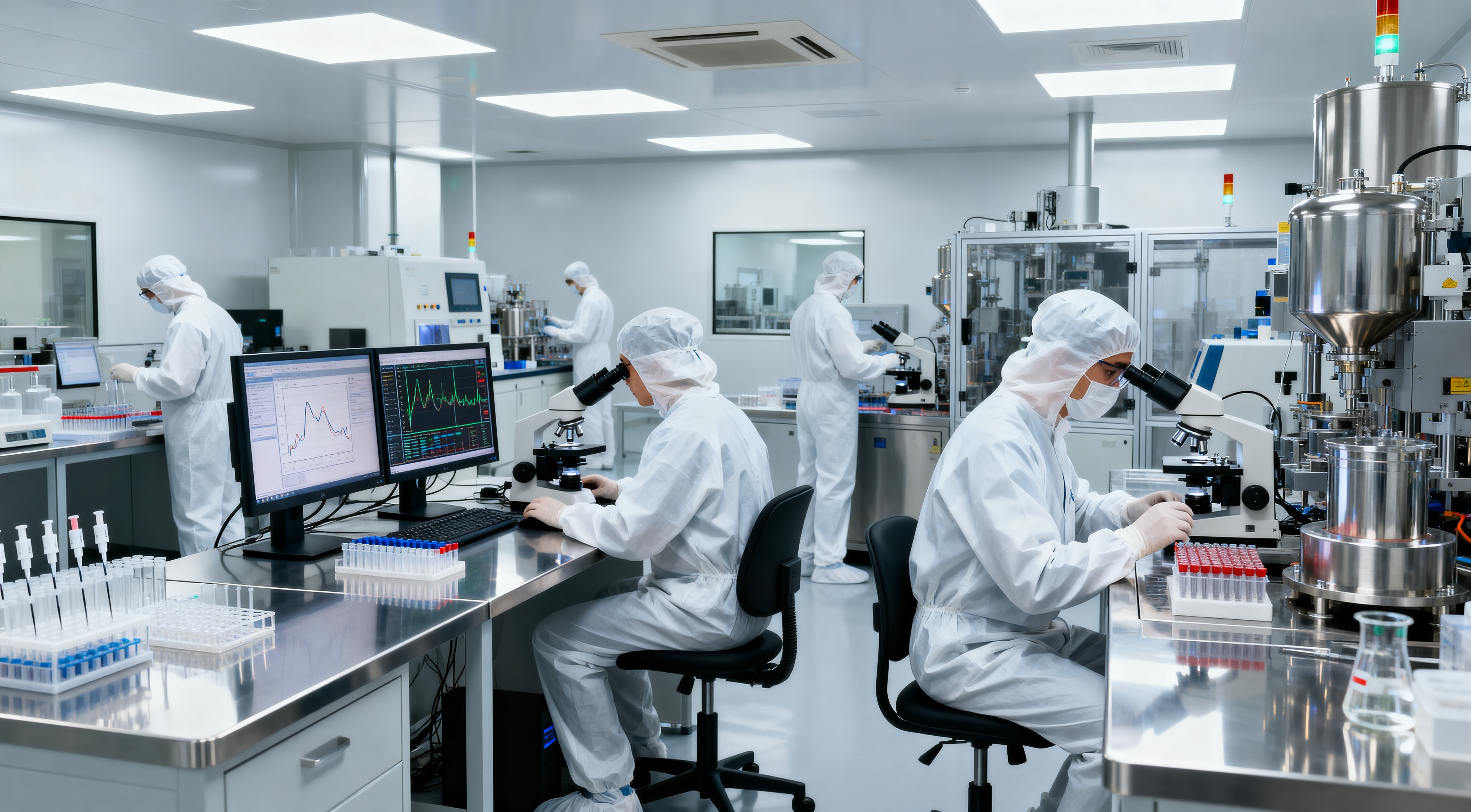 Researchers in cleanroom suits use microscopes, computers, and laboratory equipment to analyze samples in a research facility.