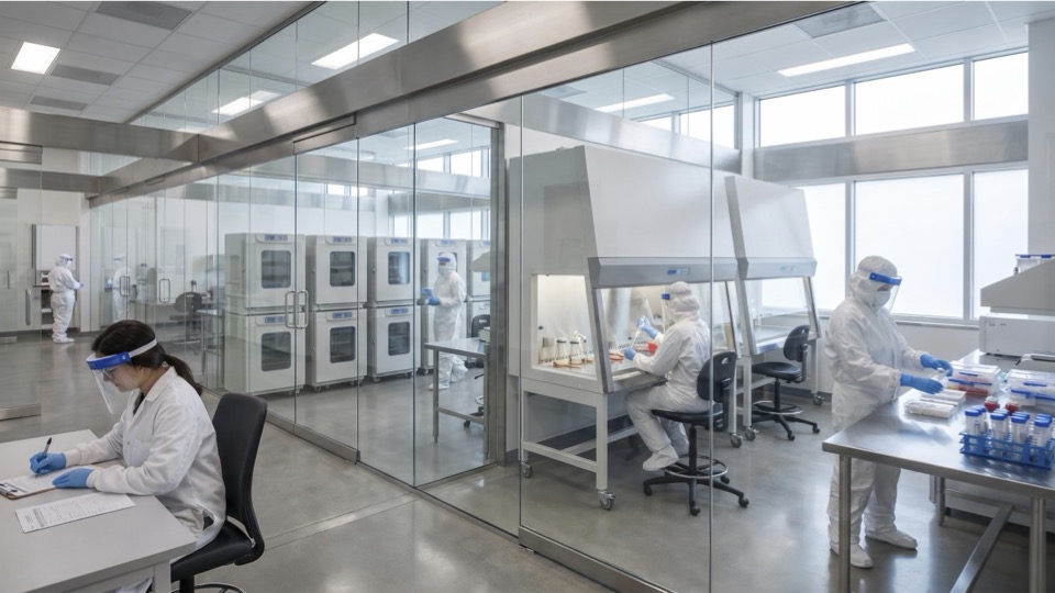 Two researchers wearing PPE work in a lab
