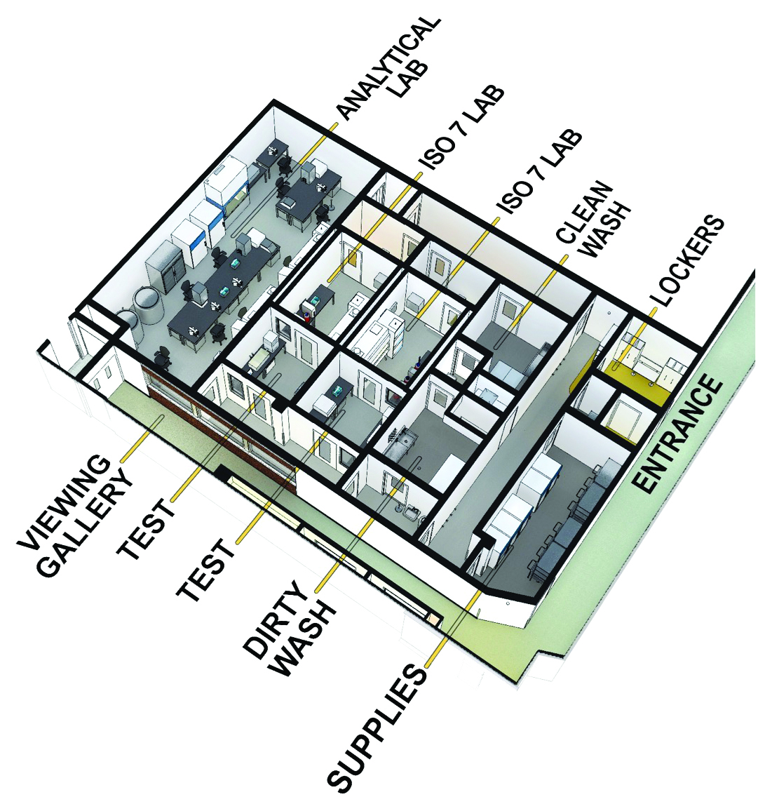 Floor plan of the Marcus Center for Cell Manufacturing showing the entrance, viewing gallery, testing areas, analytical laboratory, ISO 7 cleanrooms, wash areas, lockers, and support spaces.