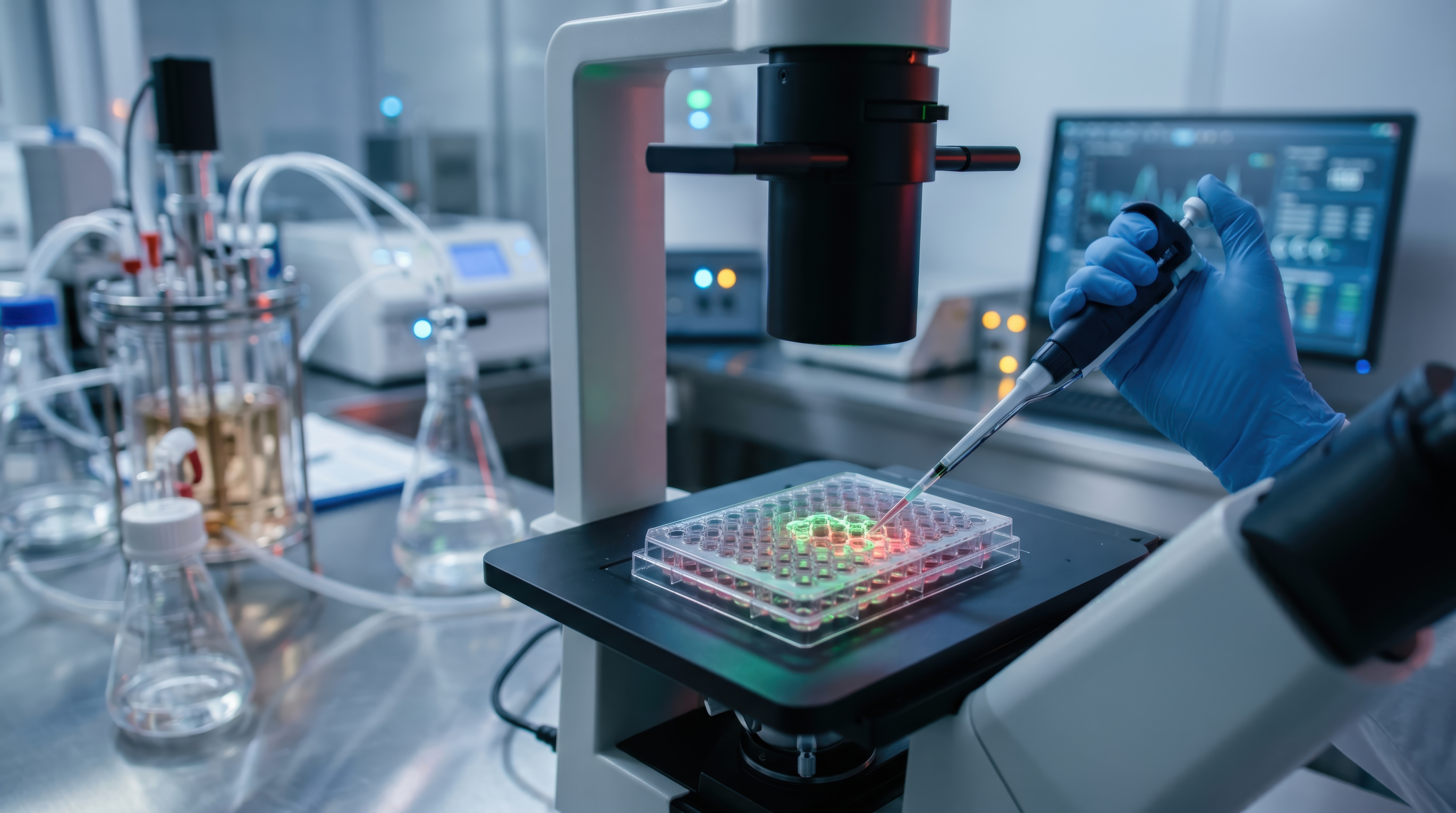 Researcher analyzes cultured cells using advanced imaging technology to support rapid cell validation.