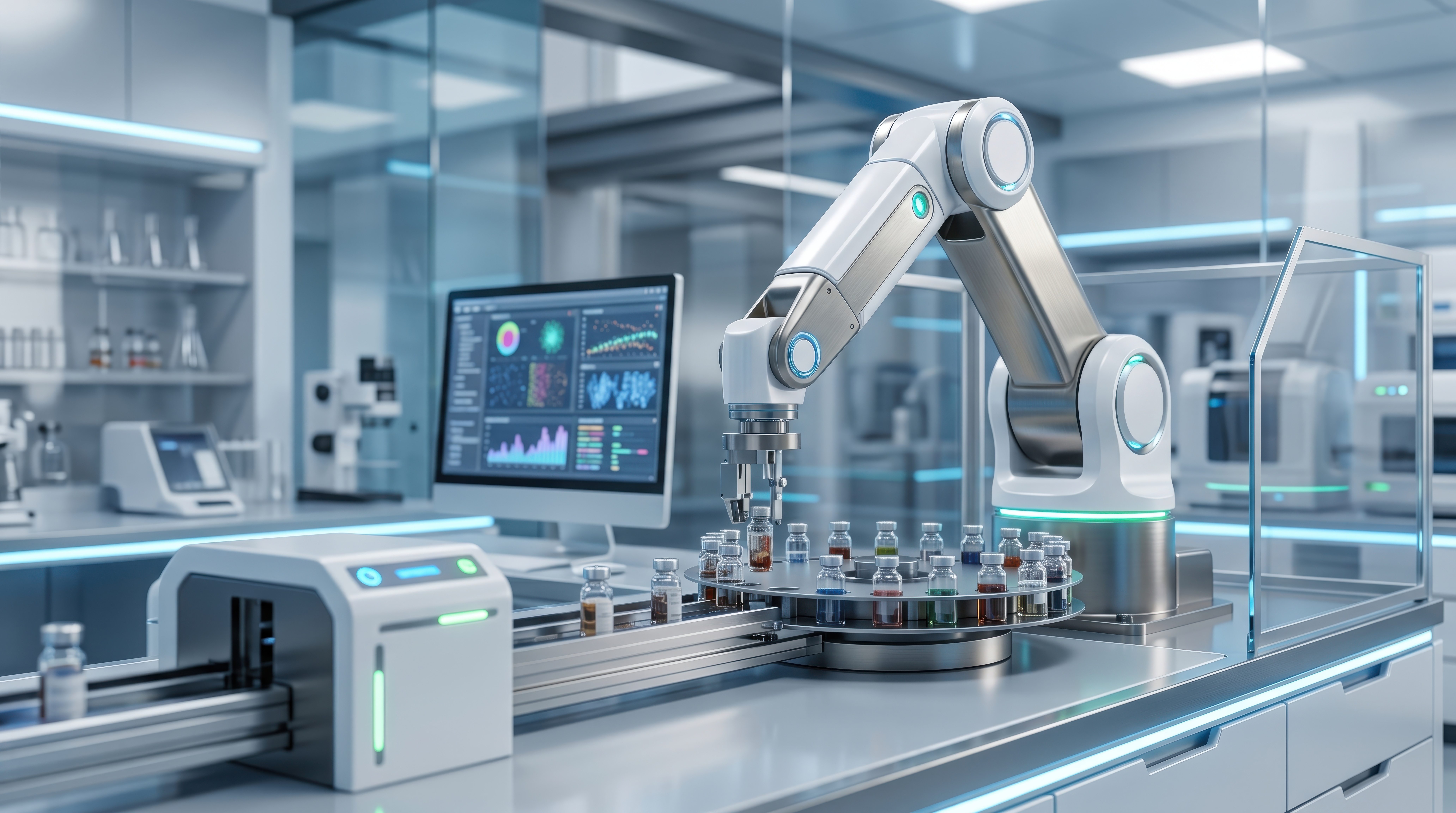 Automated robotic system processes laboratory samples, illustrating new tools and technologies for cell manufacturing.