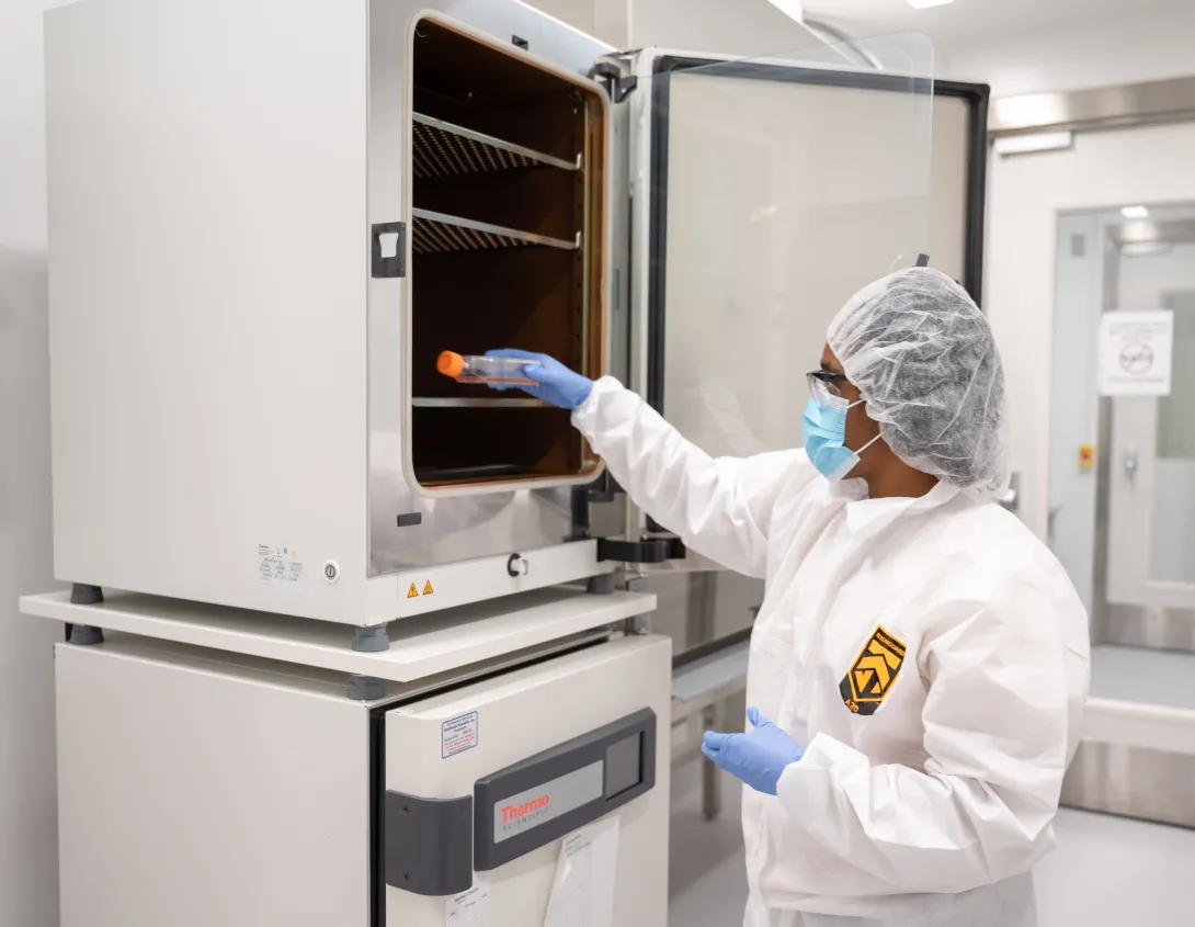 A researcher in the Marcus Center of Excellence for Cell Biomanufacturing removes cultured cells from an incubator for further characterization and testing.